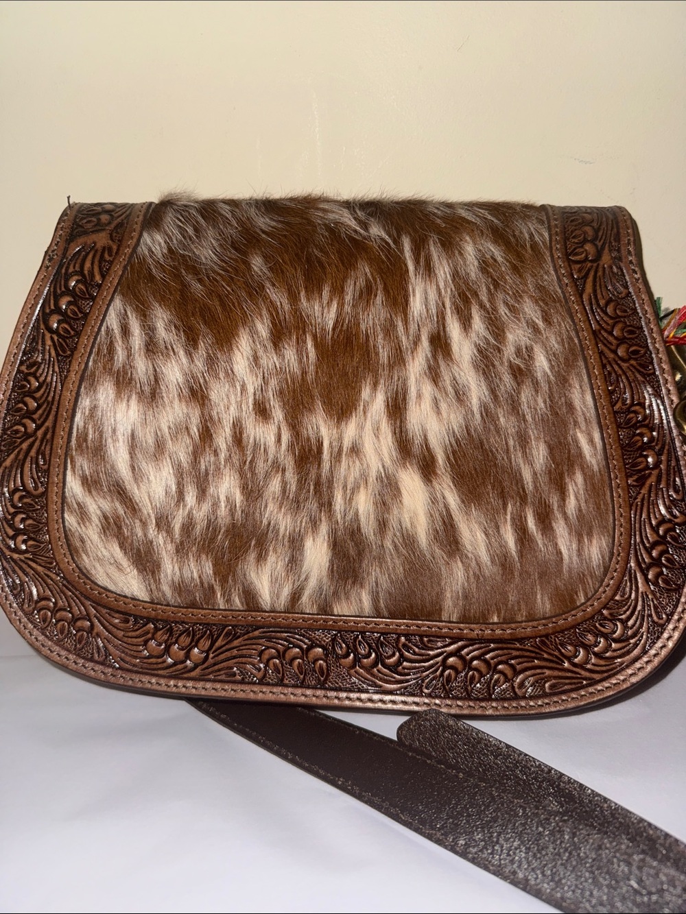 Hand-Tooled Brown Leather & Hair-on Hide Crossbody Bag, new - Picture 3 of 9